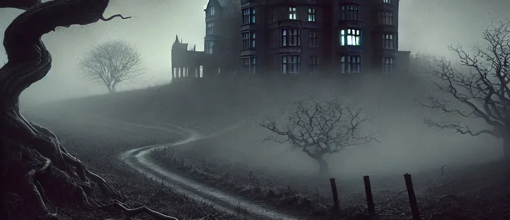 Hill House, a grand and decaying mansion looming in the distance